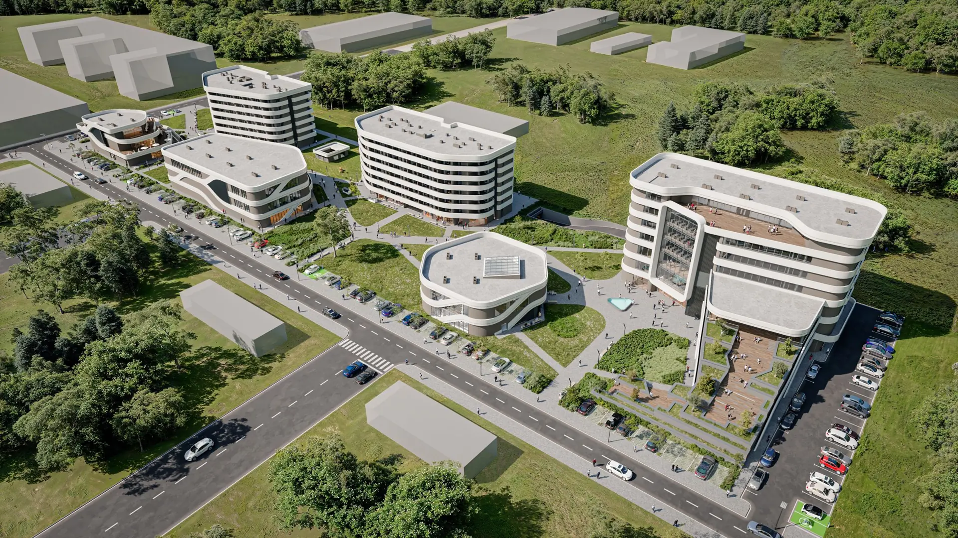 Изглед отгоре към NEXA Campus със сградите и парка между тях